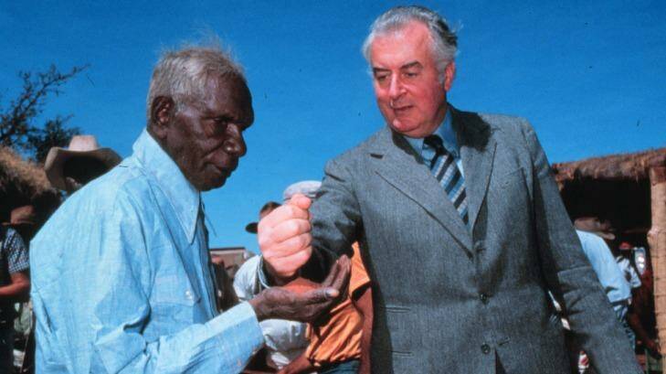 The famous 1975 photograph of Vincent Lingiari and Gough Whitlam. Photo: Mervyn Bishop