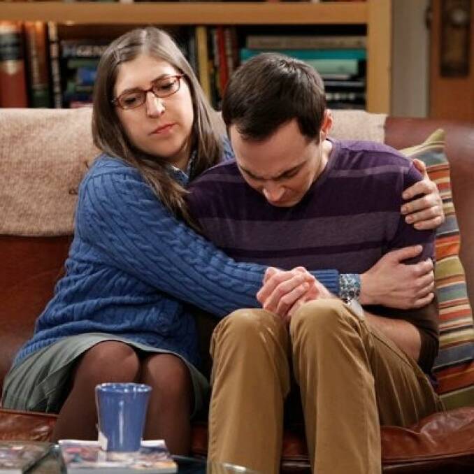 Amy comforts Sheldon on <i>The Big Bang Theory</i>.