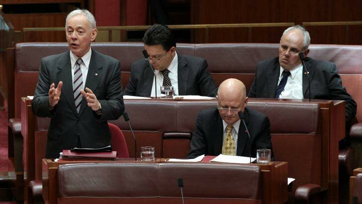 Senators Bob Day, Nick Xenophon, David Leyonhjelm and John Madigan, who supported the legislation. Photo: Alex Ellinghausen