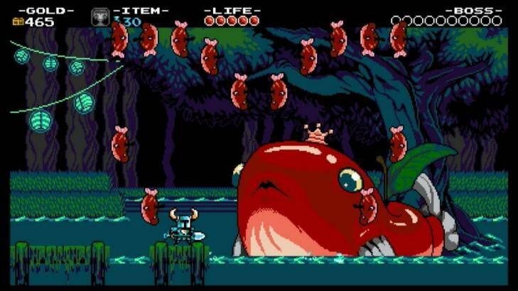 Meeting with the Troupple King (that's part trout, part apple) in <i>Shovel Knight</i>.