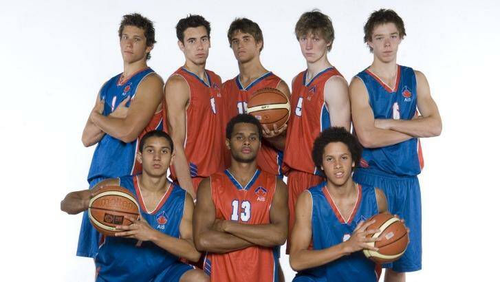 Patty Mills in the centre at the front and Matthew Dellavedova at the back on the far right during their days at the AIS. Photo: AIS