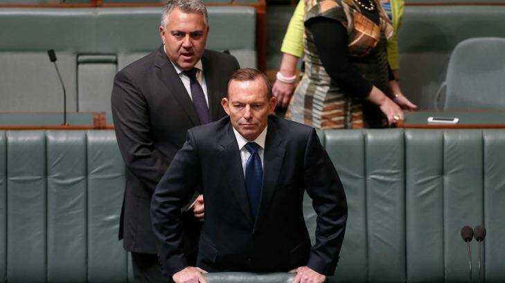 Treasurer Joe Hockey and Prime Minister Tony Abbott on Monday. Photo: Alex Ellinghausen