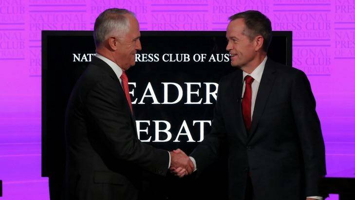 Prime Minister Malcolm Turnbull and Opposition Leader Bill Shorten at the National Press Club. Photo: Alex Ellinghausen
