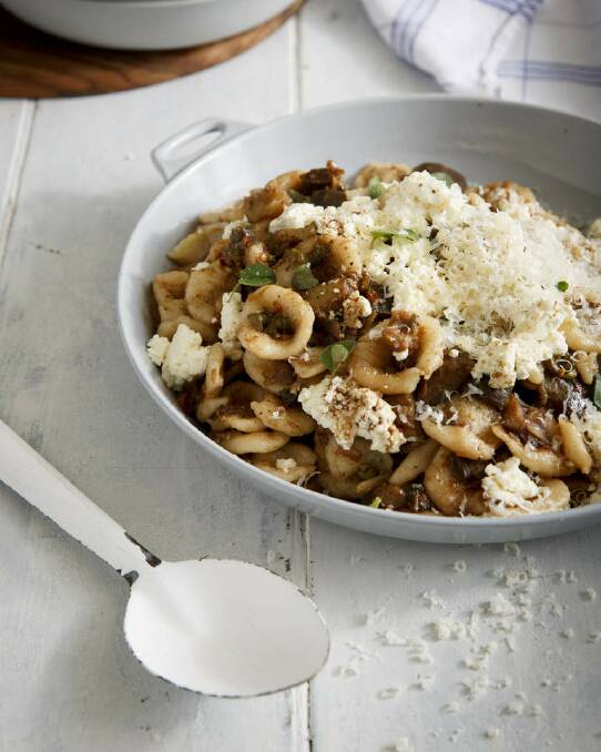 Karen Martini's orecchiette with eggplant, oregano, balsamic and ricotta <a href="http://www.goodfood.com.au/good-food/cook/recipe/orecchiette-with-eggplant-oregano-balsamic-and-ricotta-20141021-3iigq.html"><b>(recipe here).</b></a> Photo: Marcel Aucar (Styling by Marnie 