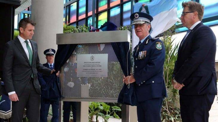 Premier Mike Baird, Police Commissioner Andrew Scipione and Police Minister Troy Grant unveil the plaque for the Curtis Cheng Centre Photo: NSW Police