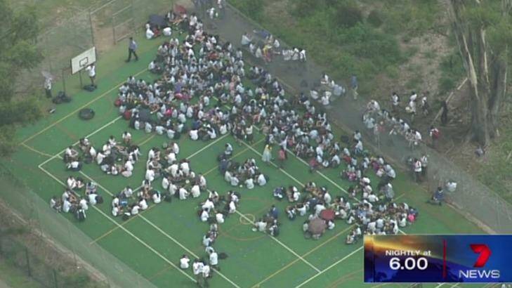 Bomb threat: Pupils from Penrith High School are evacuated. Photo: Channel Seven