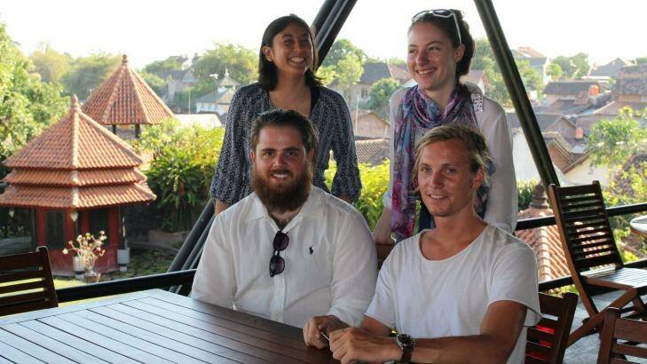 Australian students (clockwise from back left) Bridget Harilaou, Rebecca Lawrence, Harrison Hall and Thomas Brown are studying in Indonesia under the New Colombo Plan. Photo: Latika Bourke