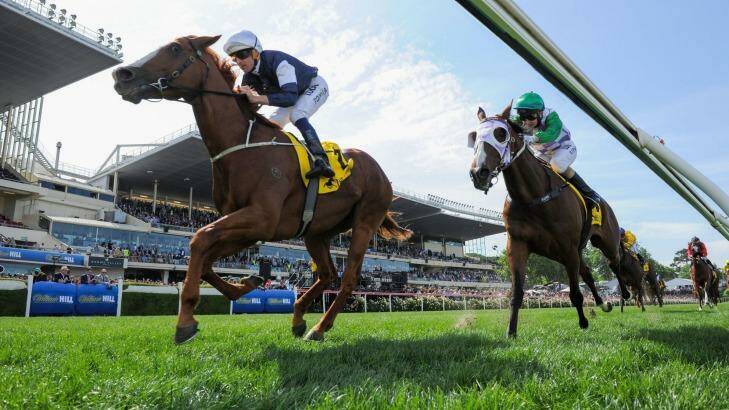 Betting on events such as race 6, won by Hugh Bowman riding The United States, at Cox Plate Day at Moonee Valley Racecourse on October 24, are expected to peak during Cup week. Photo: Vince Caligiuri