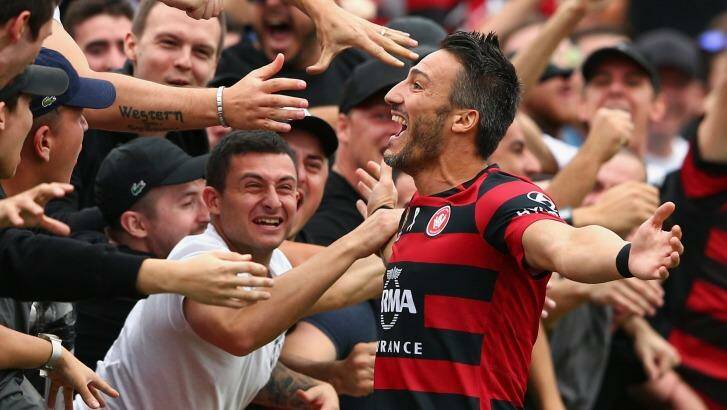 Spirit: Frederico Piovaccari of the Wanderers celebrates scoring a goal during the round seven A-League match between Western Sydney Wanderers and Wellington Phoenix at Pirtek Stadium.  Photo: Cameron Spencer