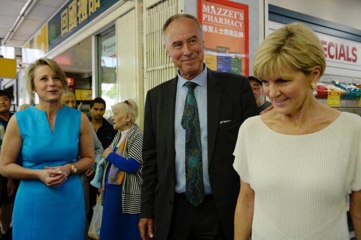 Kristina Keneally snuck up on John Alexander while he was campaigning in Eastwood Mall with Julie Bishop. Pic Nick Moir 15 nov 2017