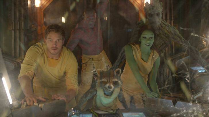 Marvel's Guardians Of The Galaxy, (from left) Peter Quill (Chris Pratt), Drax (Dave Bautista), Rocket (voiced by Bradley Cooper), Gamora (Zoe Saldana) and Groot (voiced by Vin Diesel).  Photo: Adam Fulton
