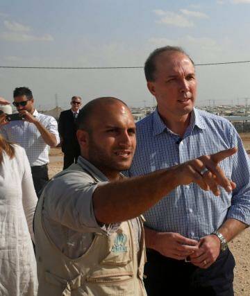 Immigration minister Peter Dutton looks out over Zaatari refugee camp. Photo: Nick Miller