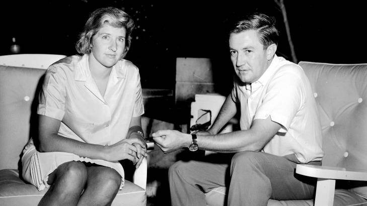 Dawn Fraser with her solicitor Edward France in Sydney on March 3, 1965, the day after she was banned from swimming for 10 years. Photo: R. MARTIN