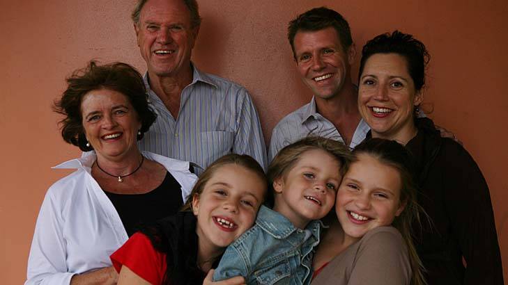 The Bairds: Mike with his parents Judy and Bruce (left), his wife Kerryn and children Cate, Luke and Laura right. Photo: Andrew Meares