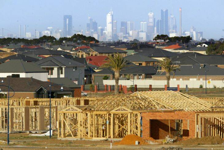 NEW HOUSING  Seen here rows of new Houses in the Point Cook development.  For THE AGE NEWS   Tuesday 10th of February 2004 SPECIAL HOUSES

housing, houses, construction, first time home buyers grant, suburbs, urban sprawl, generic