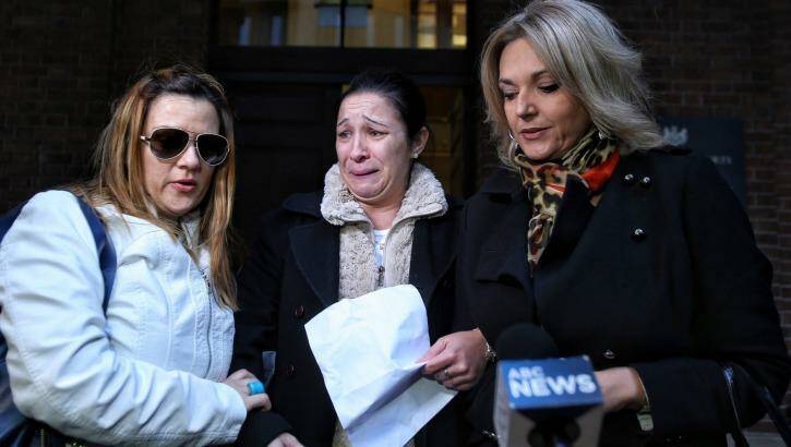 Neke Rezitis (left), Renee Jomaa (center) and Christina Arciuli (right), friends of murdered woman Victoria Comrie Cullen make a statement after Christopher Cullen was found guilty. Photo: Kate Geraghty
