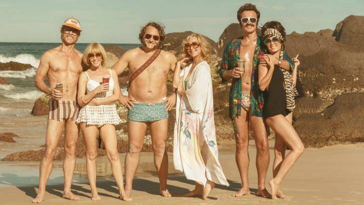 The seventies are back: (from left) Guy Pearce, Kylie Minogue, Jeremy Sims, Asher Keddie, Julian McMahon and Radha Mitchell in <i>Flammable Children</i>. Photo: Vince Valitutti