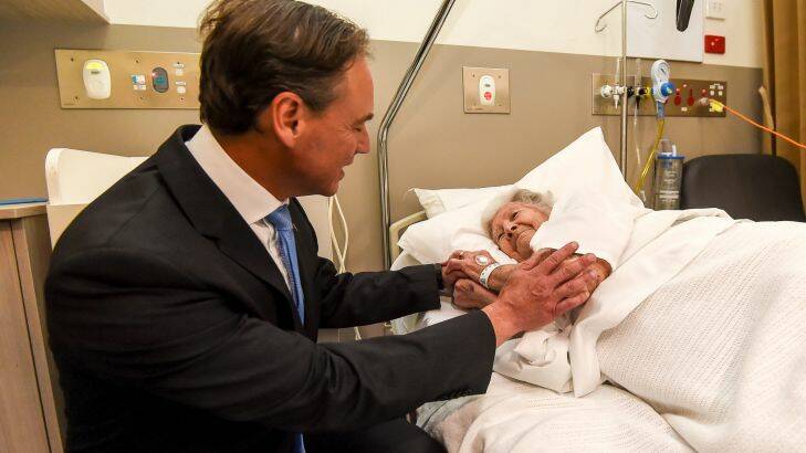 The Age, News, 18/01/2017, picture Justin McManus. Greg Hunt is named the new minister for Health and Sport. Hunt visiting Frankston Hospital. The minister speaking with patient Fay Tipping. Photo: Justin McManus