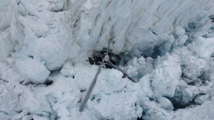 The wreckage of the helicopter which crashed killing all seven people on board in the crevasse on Fox Glacier. Photo: Joanne Carroll