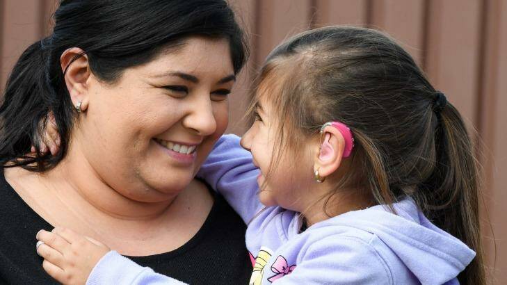 Connie Vella with daughter Hannah, 4, who has bilateral hearing loss. Photo: Peter Rae