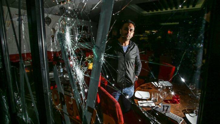 Owner/chef Mohamed Zouhour at his restaurant Arabella on King St Newtown where vandals smashed the windows of the business in the early hours of Tuesday morning. Photo: Dallas Kilponen