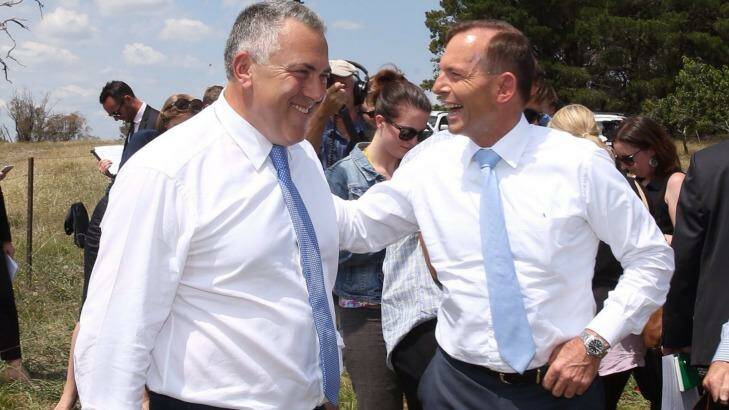 Joe Hockey and Tony Abbott make their foreign investment announcement in Murrumbateman on Wednesday. Photo: Andrew Meares