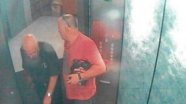 CCTV showing Roger Rogerson and Glen McNamara in the lifts of McNamara's Cronulla apartment. Photo: Supplied