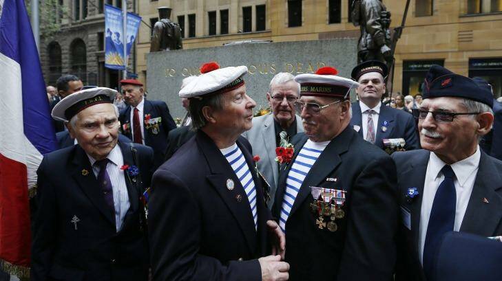 French veterans gathered at the cenotaph in Martin Place, Sydney for the Remembrance Day service. Photo: Jason Reed/Reuters