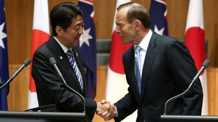 Prime Minister Tony Abbott and Japanese Prime Minister Shinzo Abe in Canberra. Photo: Alex Ellinghausen