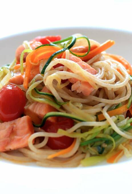 Steve Manfredi's spaghettini with smoked salmon and vegetables <a href="http://www.goodfood.com.au/good-food/cook/recipe/spaghettini-with-hotsmoked-salmon-and-vegetables-20120329-29u0u.html"><b>(recipe here).</b></a> Photo: edwina pickles