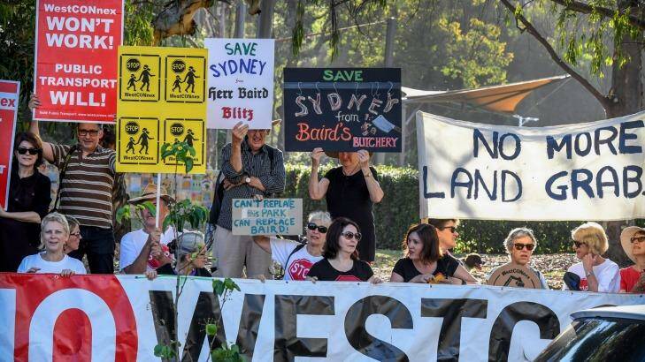 Residents in the inner west protest in Pioneers Memorial Park, on Norton Street, Leichhardt. About 427 properties have been or will be acquired for the motorway.  Photo: Peter Rae
