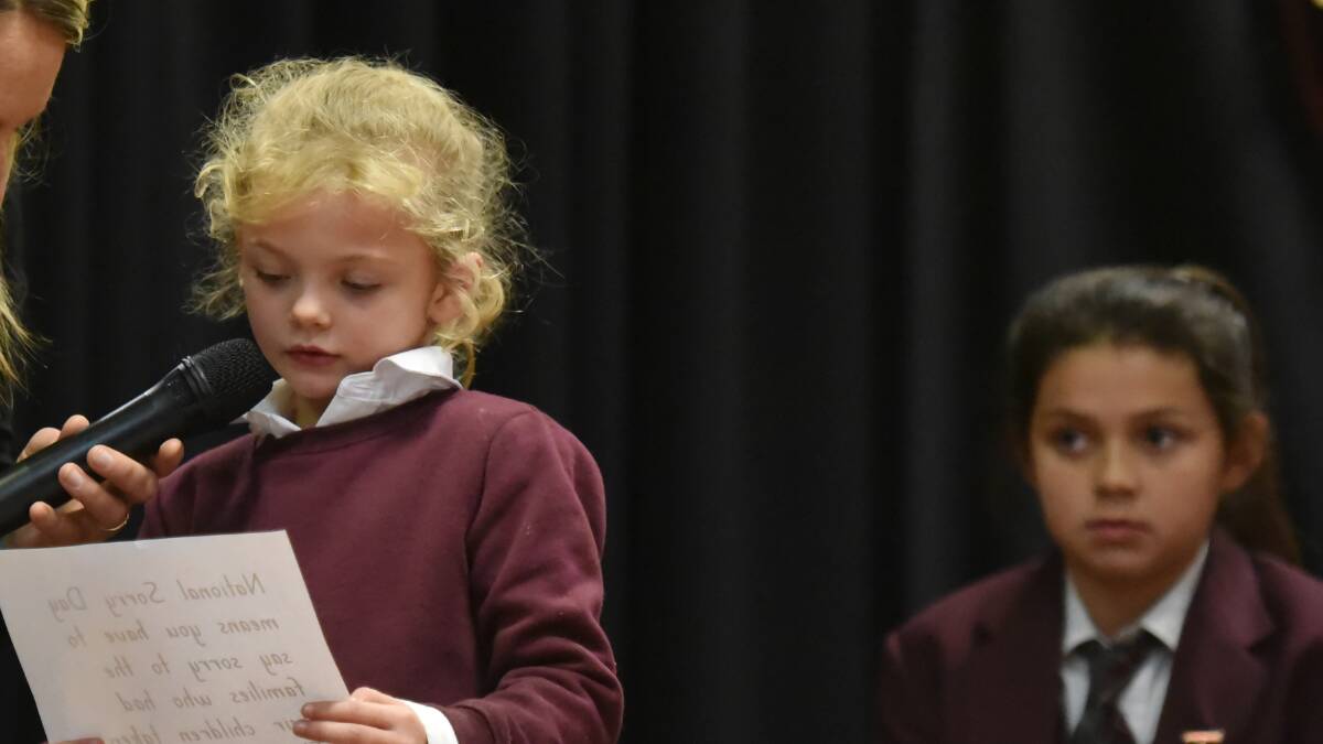 UNDERSTANDING: Kindergarten student Grace Hoad spoke about what National Sorry Day meant to her. Photo: Geoff O'Neill 260516GOB01
