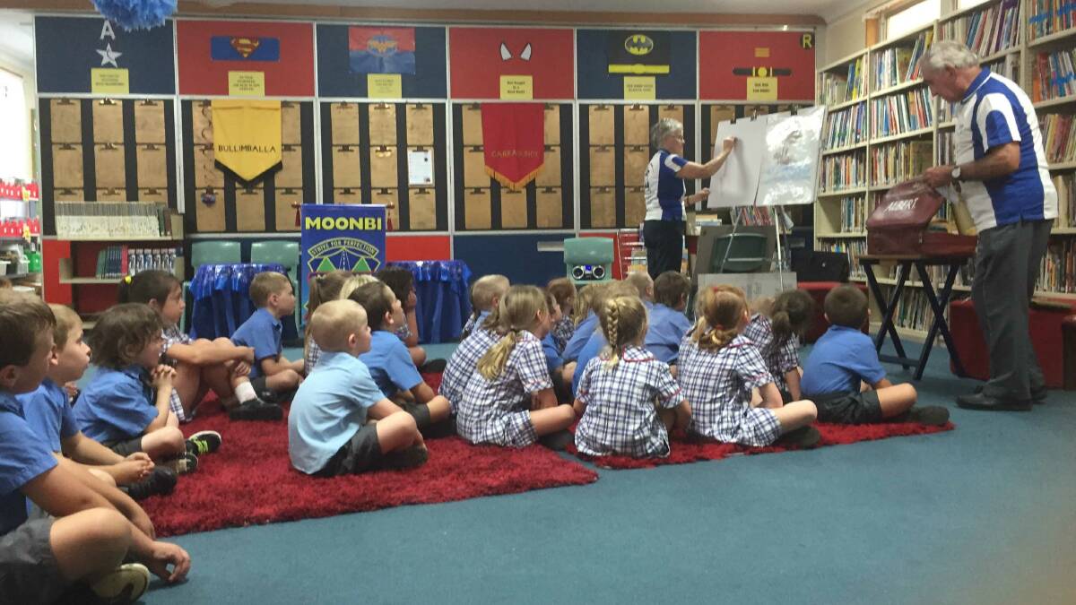 Moonbi students were entertained during Outback Sketch Scripture's Jack and Gwen's annual visit to the school