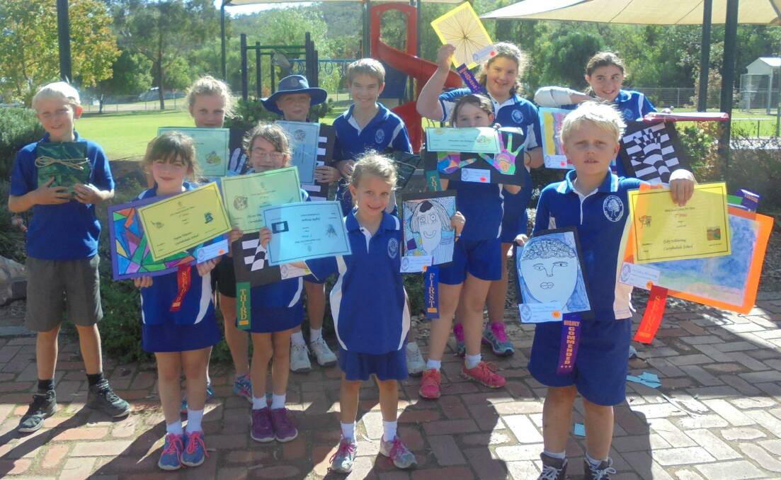 The Currabubula School Small School Art Show winners were, back from left:  Alex Nibbering, Phebe McNamara, Beau Dallas, Ethan Campbell, Klaudia Crump, Joanne Tuckwell. Front: Sophie Vincent, Alyssa Vincent, Sophie Morgan, Maarteen VanBodegom and Toby Nibbering.