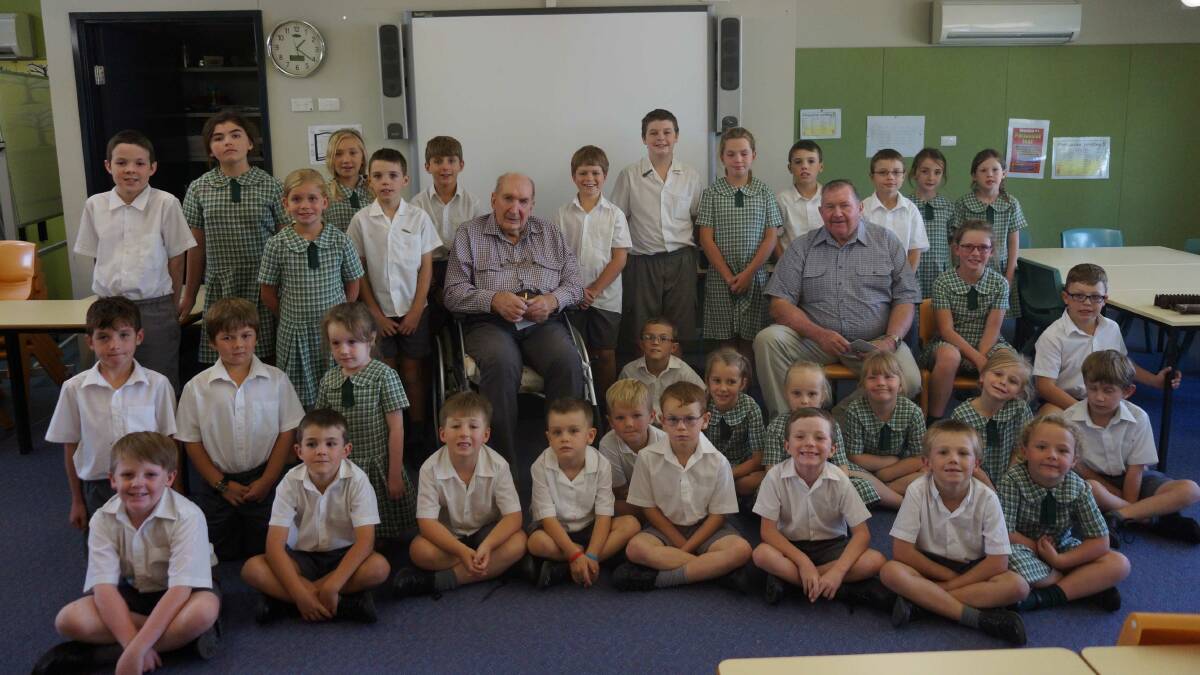 Willow Tree students with Mr Les Howard and Mr Earl Kelaher who spoke to the school about the meaning of Anzac Day