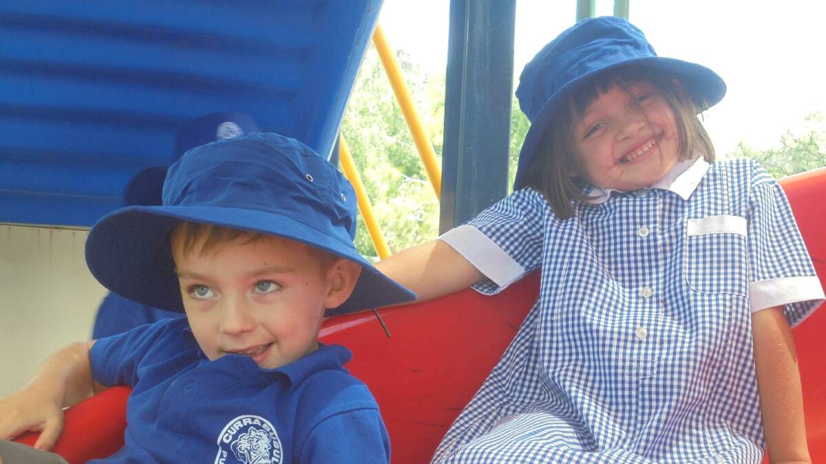 Currabubula kindergarten students Jayden Genoli and Jannali Knox enjoyed playtime on their first day at school
