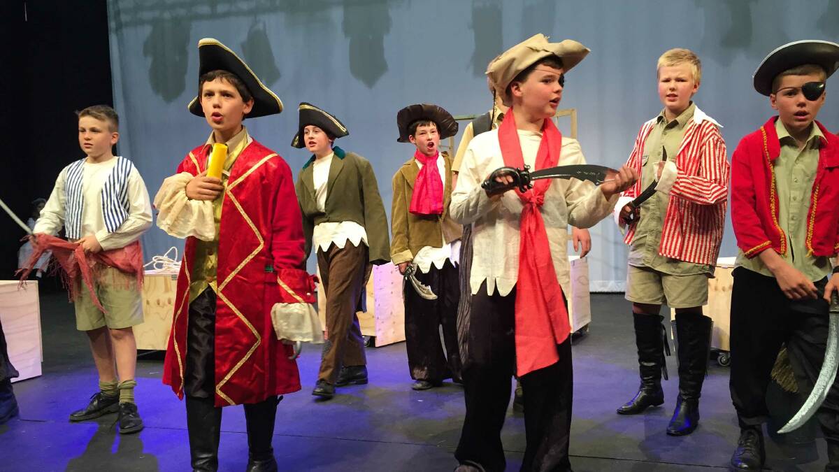 Will Nash as Captain Hook (second from left) with his band of pirates (l-r) Marcus Hempel, Cameron Le Surf, Joshua Miron, Harrison Ditchfield and Hugo Catterall