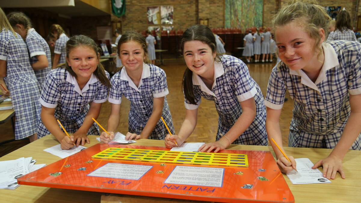 Calrossy’s Emily Bettington, Ellie New, Ashley Chaffey and Eloise Frith play with patterns while learning.