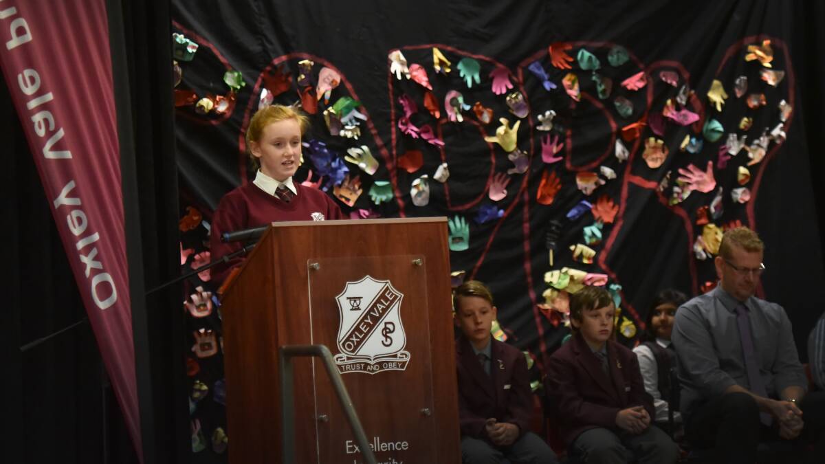 RECONCILIATION: Amity Debenham from Year 6 presented her thoughts on National Sorry Day at Oxley Vale Public School's commemoration. Photo: Geoff O'Neill 260516GOB02