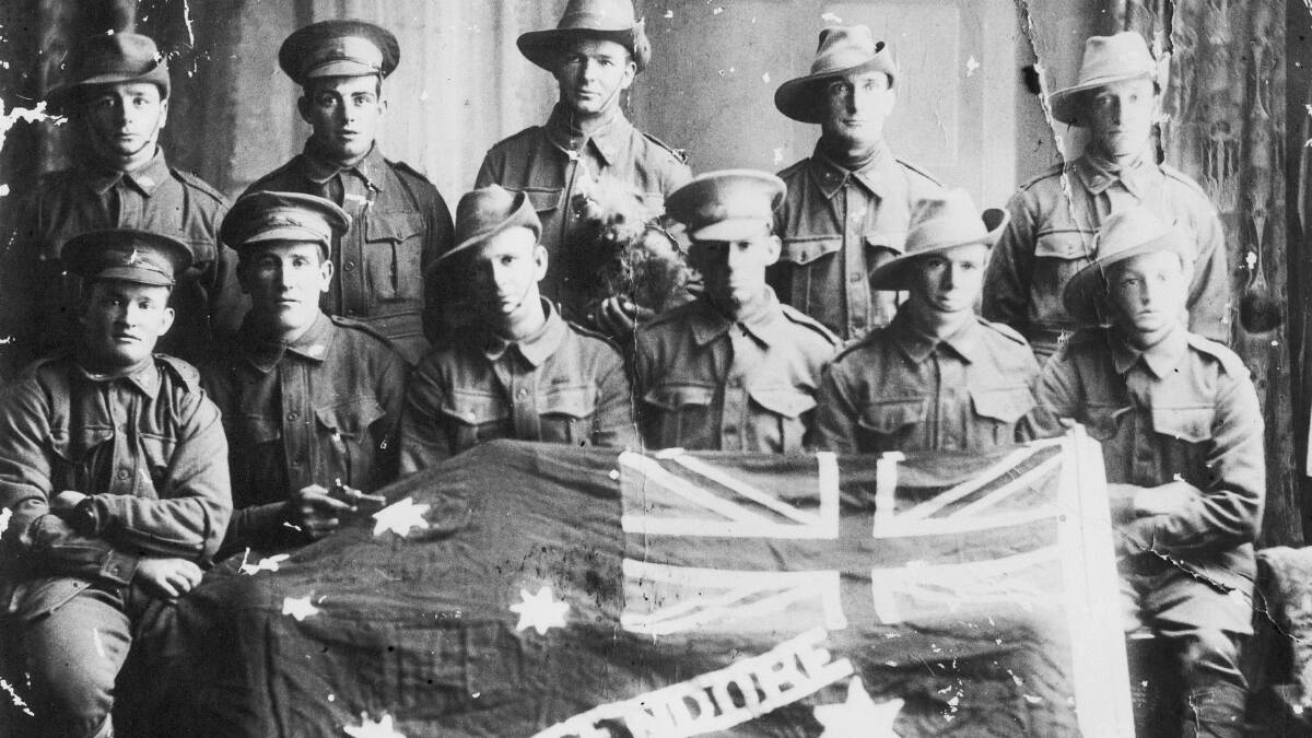 Back row, left to right: Lance Corporal Reuben Clarence Smith Military Medal (2489) 56 Battalion; Private Cyril Thomas Smith (Reuben’s brother) (2485) 56 Battalion killed in action on September 23, 1917, in Belgium; probably Private “Tom” Thomas Joseph Murphy (2437) 56 Battalion; Private James Overend (2455) 56th Battalion and Private William Burnett Heath (2414) 56th Battalion.
Front row, from left to right, Private “Bren” Thomas Patrick John Brennan Chinnery (2386) 56th Battalion killed in action in Belgium on October 18, 1917; probably Private “Bill” William John Smith (2484) 56th Battalion; Private “Tom” Thomas Edward Overend (2456) 56th Battalion; Private “Jack” John James McKie (3191) 55th Battalion; Private Ernest John Lee (2434) 56th Battalion, died of wounds in France on April 10, 1918 and Private James Heath (2394) 56th Battalion.
