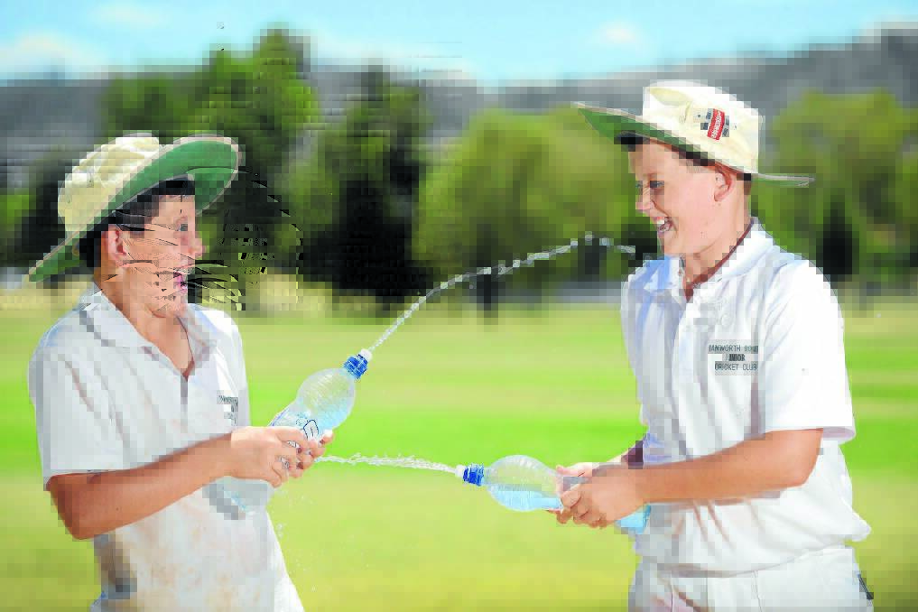 ANOTHER HEATWAVE: Logan (8) and Oscar (11) Spinks of Tamworth South Junior Cricket Club cool off after their  game at the Carter St playing fields. Photo: Barry Smith 221114BSA02