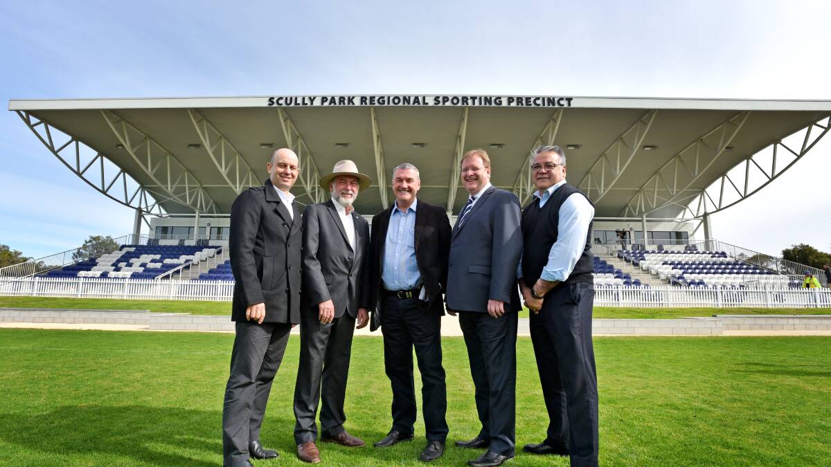 Announcing next year’s City-Country Origin clash for Tamworth’s new Scully Park Regional Sporting Precinct yesterday were (from left) NRL Head  of Football Todd Greenberg, acting Tamworth mayor Russell Webb, Wests CEO Rod Laing, NSWRL chief executive Dave Trodden and CRL chief executive Terry Quinn. Photo: Geoff O’Neill 030615GOB03