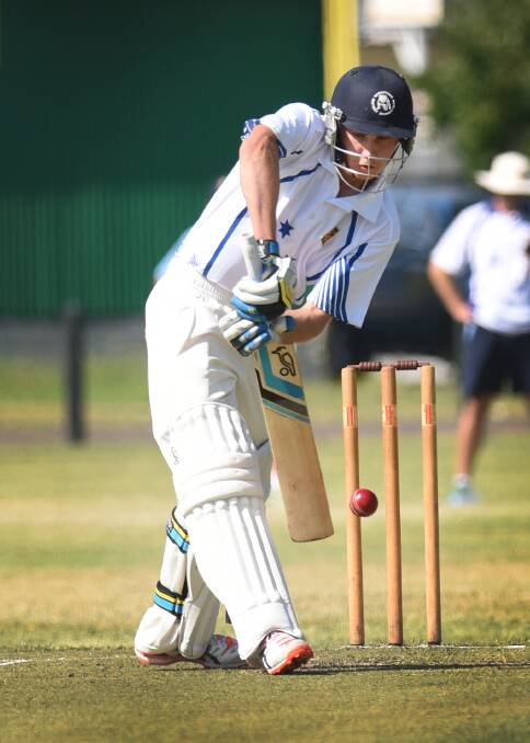 Brendon Smith drives for NSW CHS against CAS yesterday. He then took 4-20 in his six overs to steer his side to a big 76-run win. Photo: Gareth Gardner  100315GGB04