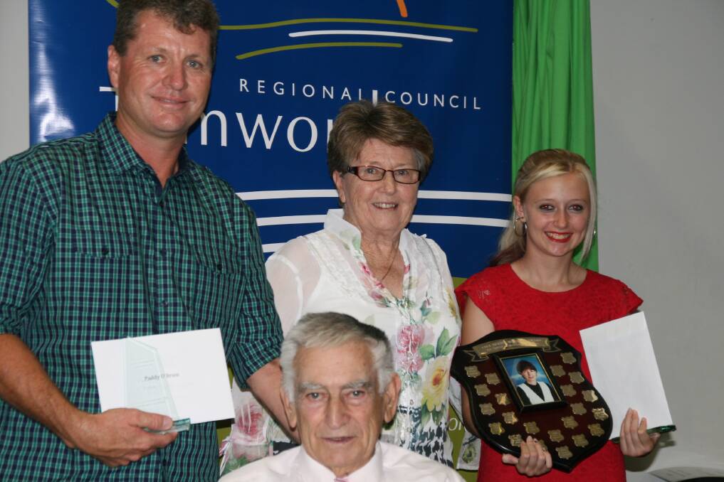 Tayla Parker (right) and Craig Salter (representing Paddy O’Brien) with Bob and Margaret Hickson after being named joint winners of the Cara Hickson Memorial Award.