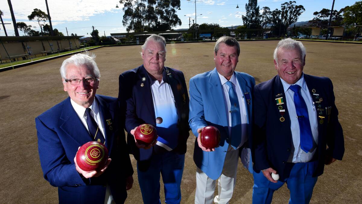 Bowling up for Ron Gill’s President’s Day at West Tamworth Sports and Bowling Club were (from left)  Rob Key (CNDBA  President), Ron Gill (West club 
president), Greg Wilkins (Zone 3 Councillor) and Bob Hennessey. Photo: Gareth Gardner  040715GGC03