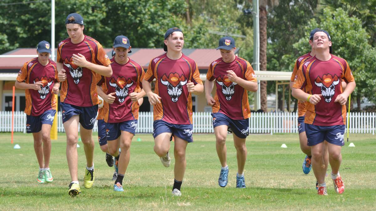 Some of the Greater Northern Academy Tiger squad run through an early drill at Jack Woolaston on the weekend (from left) Jordan Symington (Werris Creek), Brandon Thompson (Muswellbrook), Billy Stewart (Tingha), Ben Price (Manilla), Hayden Loughrey (Gunnedah), Brad Collett (Muswellbrook). 
Photo: Barry Smith 151114BSB31 