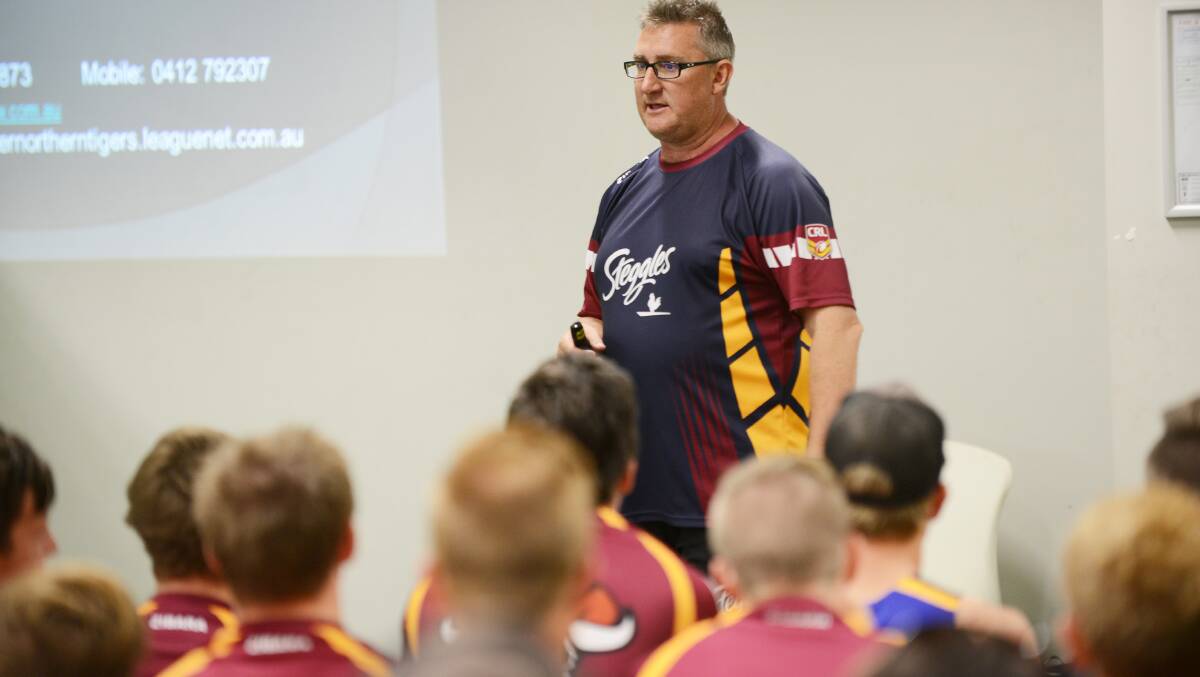 GNA regional manager Scott Bone outlines the new program to Academy squad members at the recent induction day. Photo: Barry Smith 011114BSE06