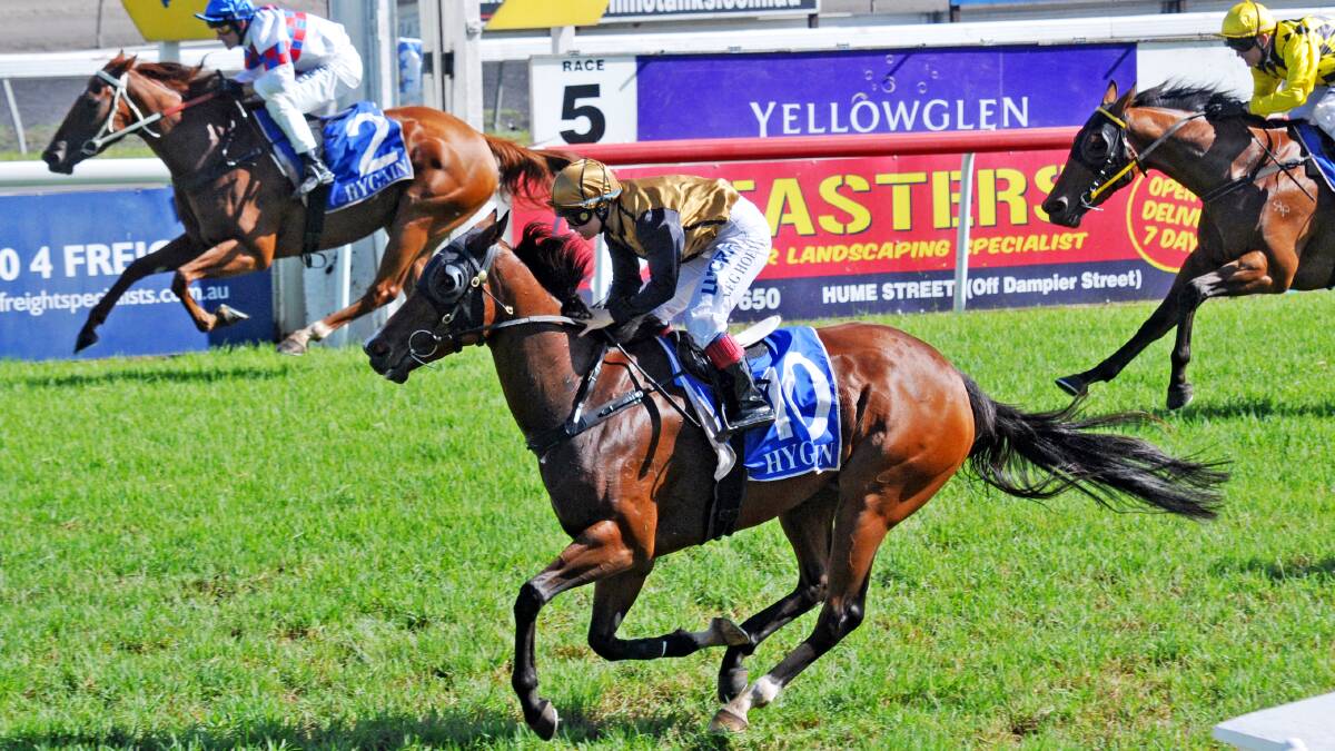 Oh Ay Bee on the outside just beat a fast finishing Determined Lass in the Yellowglen Handicap yesterday in Tamworth. Photo: Geoff O’Neill 210314GOI01
