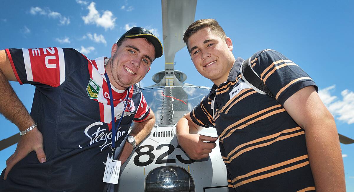 ASPIRATIONS: Year 12 student Sean Ford of Carinya Christian School, left, and McCarthy Catholic College Year 10 student Harry Mills are both keen to become Australian Defence Force pilots. Photo: Geoff O’Neill 171014GOD07
