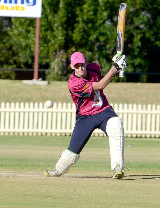 Ben Hanlan cover drives for Moxon’s Bakery in last week’s T20 win. Photo:  pixonline.com.au